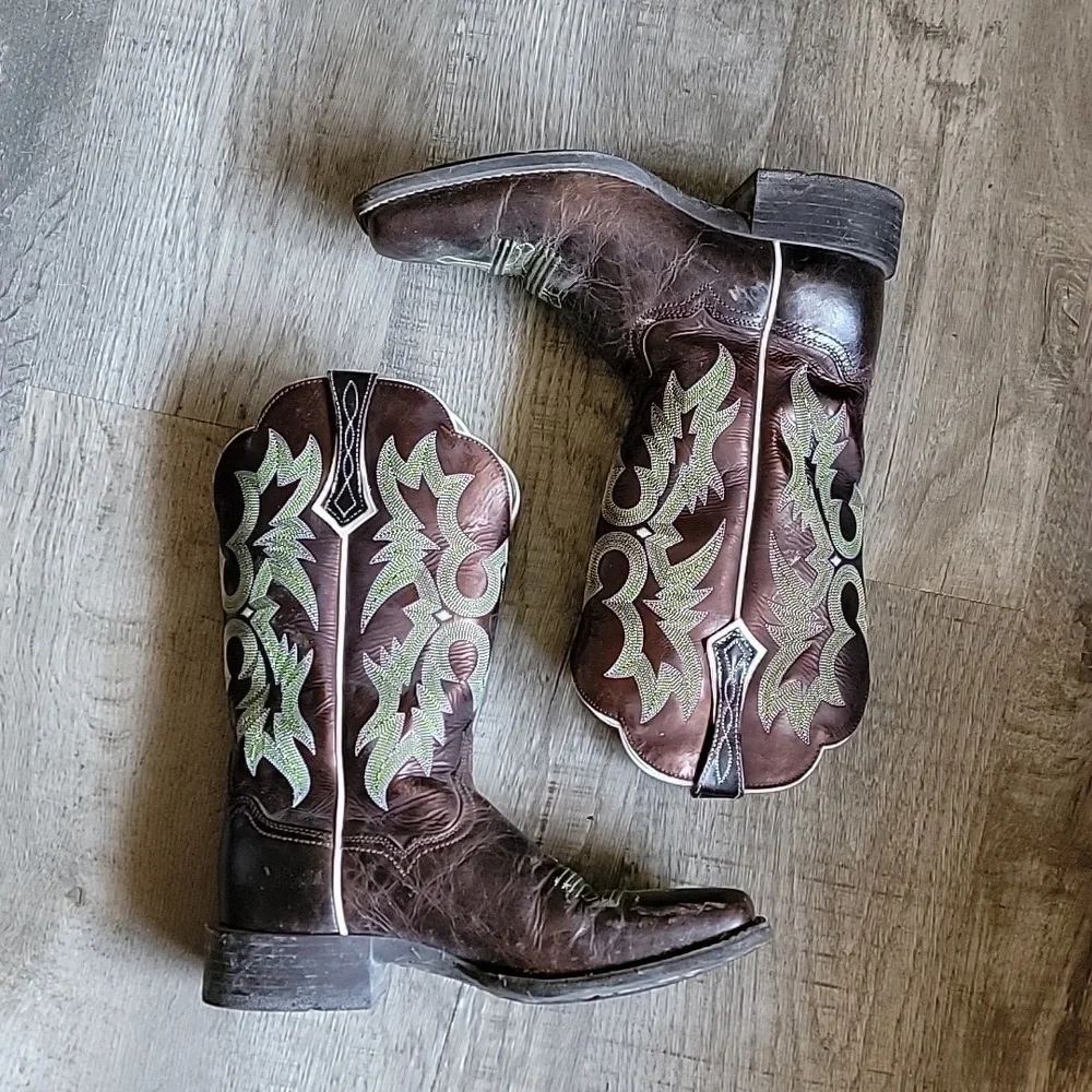 Mens Size 10B Western Green And Brown Ariat Cowboy Boots